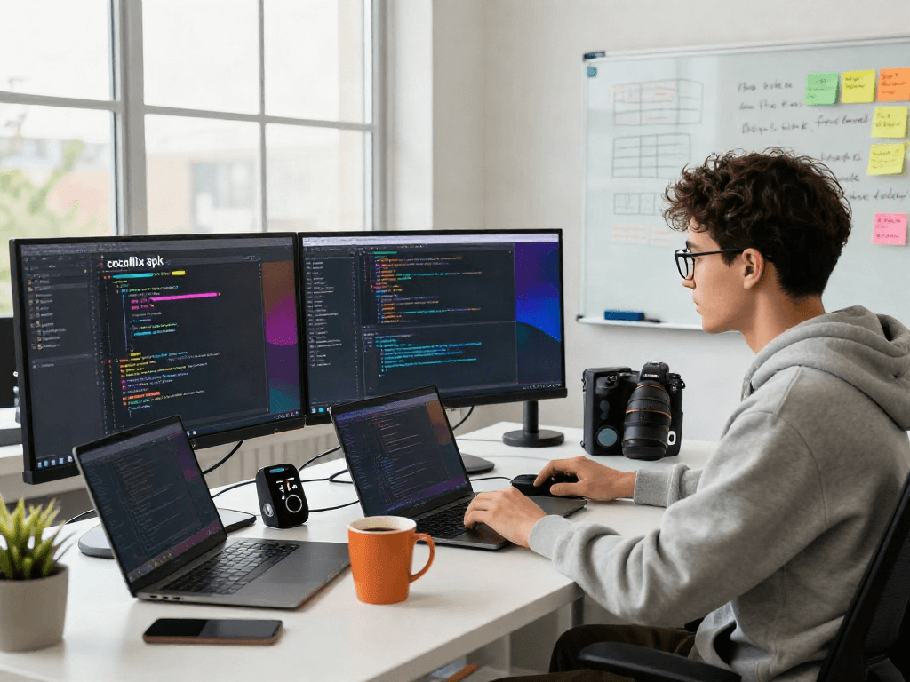 Engaging workspace where a developer codes the cocoflix apk, surrounded by tech gadgets and a dynamic atmosphere.