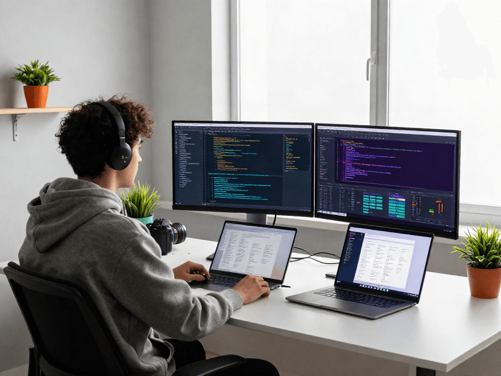 Pengembang perangkat lunak menggunakan 快连 di ruang kerja modern dengan monitor dan cahaya alami.