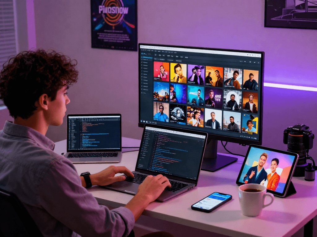 A young professional using Pikashow streaming service on a high-resolution monitor in a modern workspace.