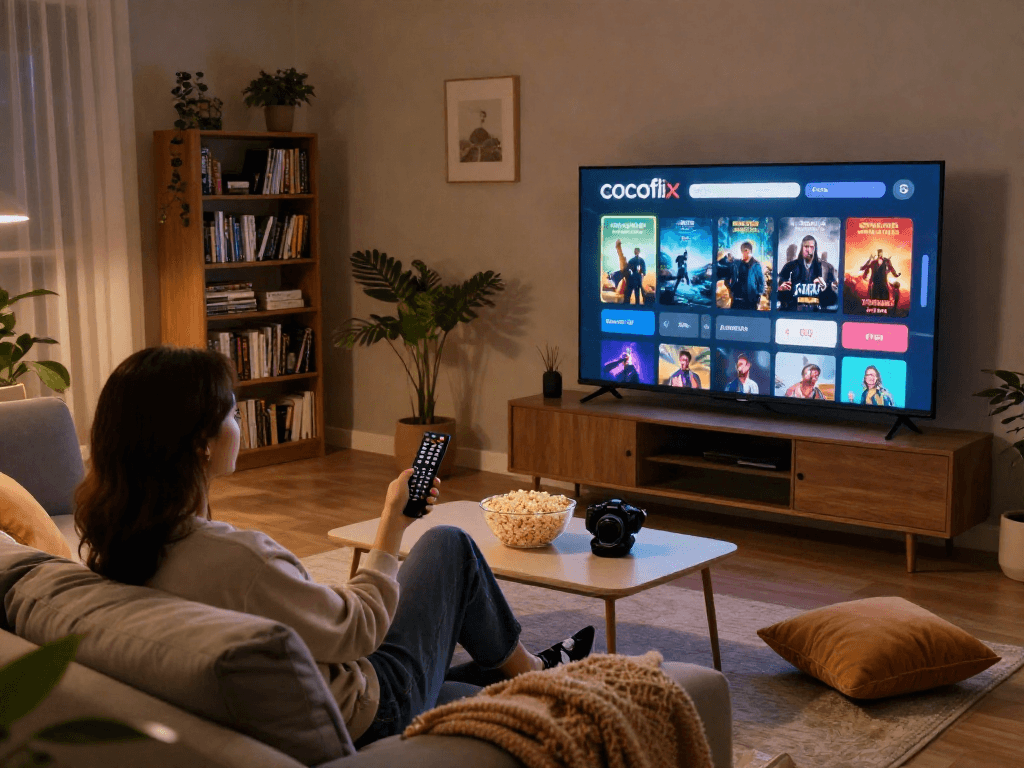 Relaxed user enjoying movie night with cocoflix app on TV.