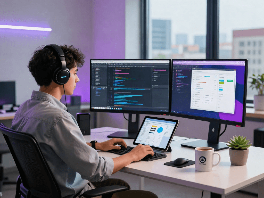 Engaging workspace for gb whatsapp developers with coding screens and modern decor.