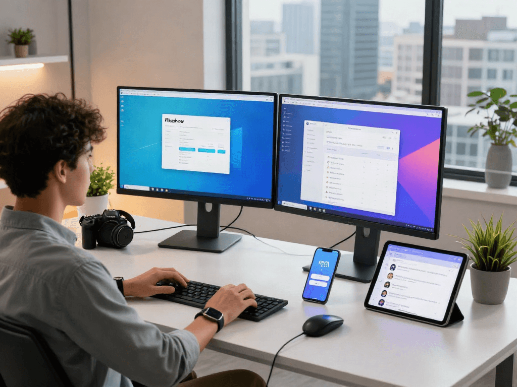 Pikashow app showcased in a vibrant digital workspace with multiple devices and a modern aesthetic.