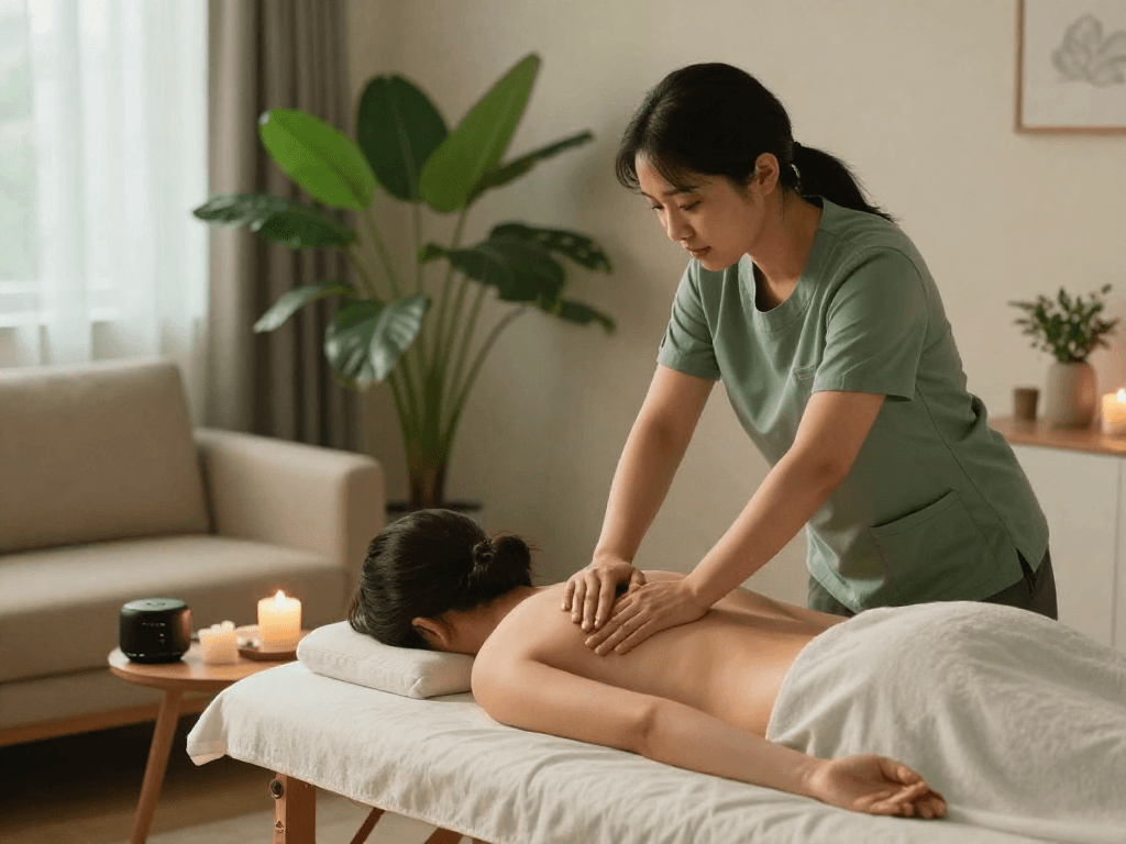 Home massage session showcasing a professional therapist providing relaxing 잠실출장안마 service in a serene atmosphere.