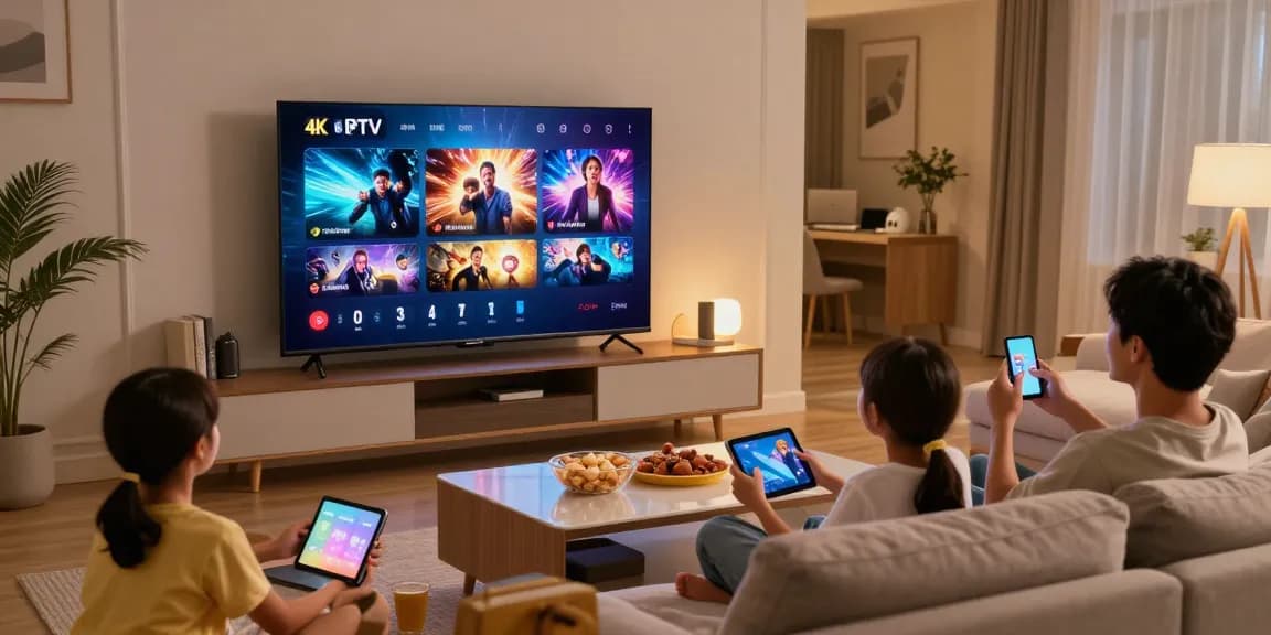 Gezellige woonkamer met gezin dat een film kijkt via hun iptv abonnement in 4K-kwaliteit.