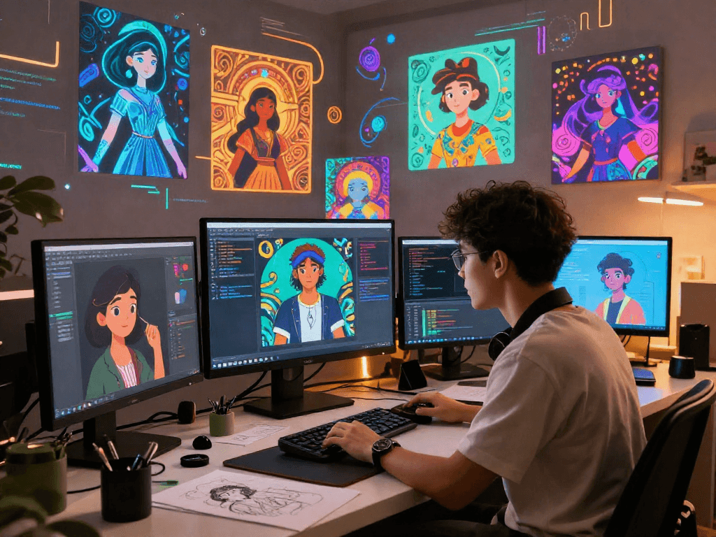 Engaging scene of a user interacting with character AI nsfw avatars in a digital workspace, showcasing innovation and creativity.
