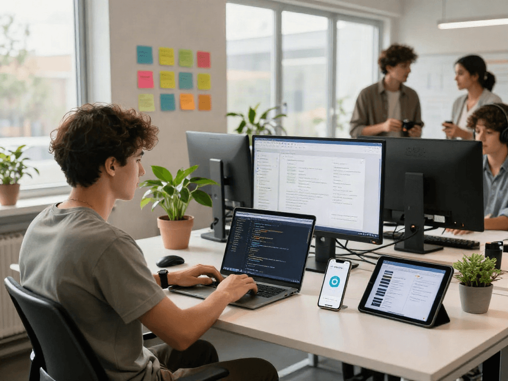 Pikashow apk download shown on a developer's smartphone in a vibrant workspace.