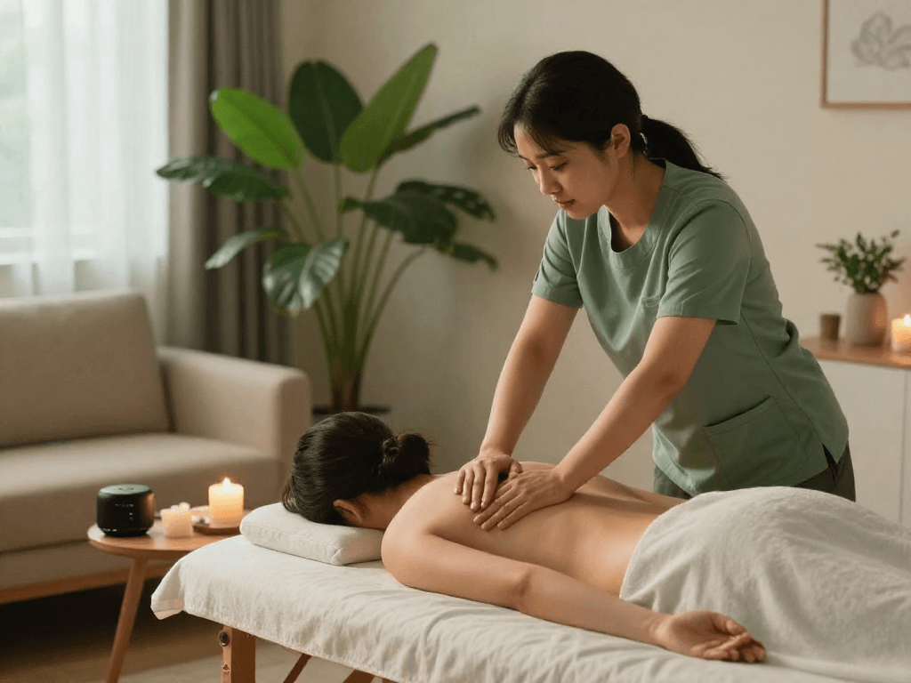 Home massage session showcasing a professional therapist providing relaxing 잠실출장안마 service in a serene atmosphere.