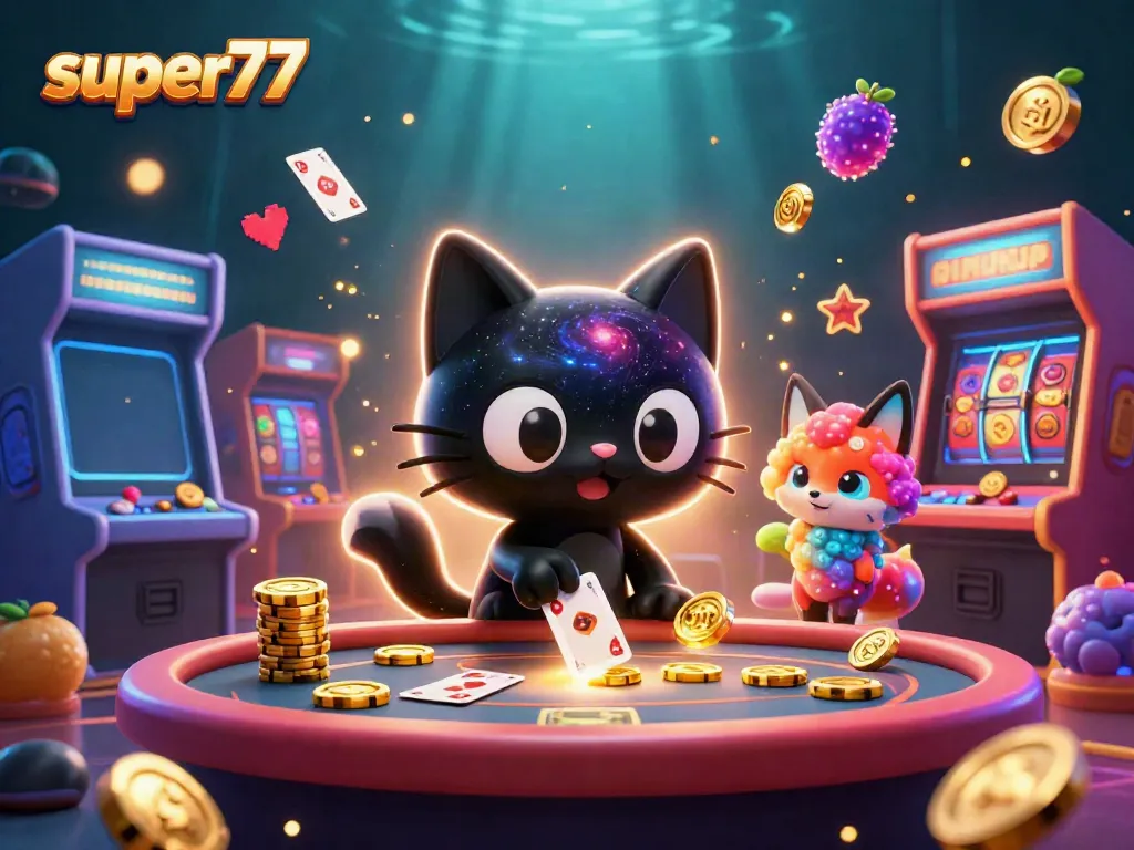 Experience high-stakes excitement at Super77 with a playful black hole cat and colorful cosmos elements.