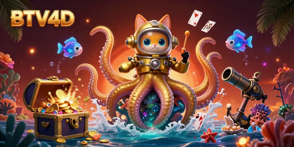 Visualisasi BTV4D yang menampilkan kraken 3D emas dan ikan laut bercahaya, kaya elemen kasino.