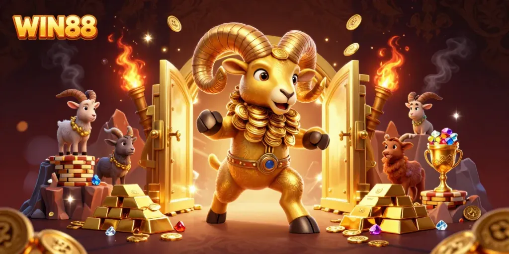 Engage with the exciting WIN88 casino experience featuring a golden ram charging at a treasure vault.
