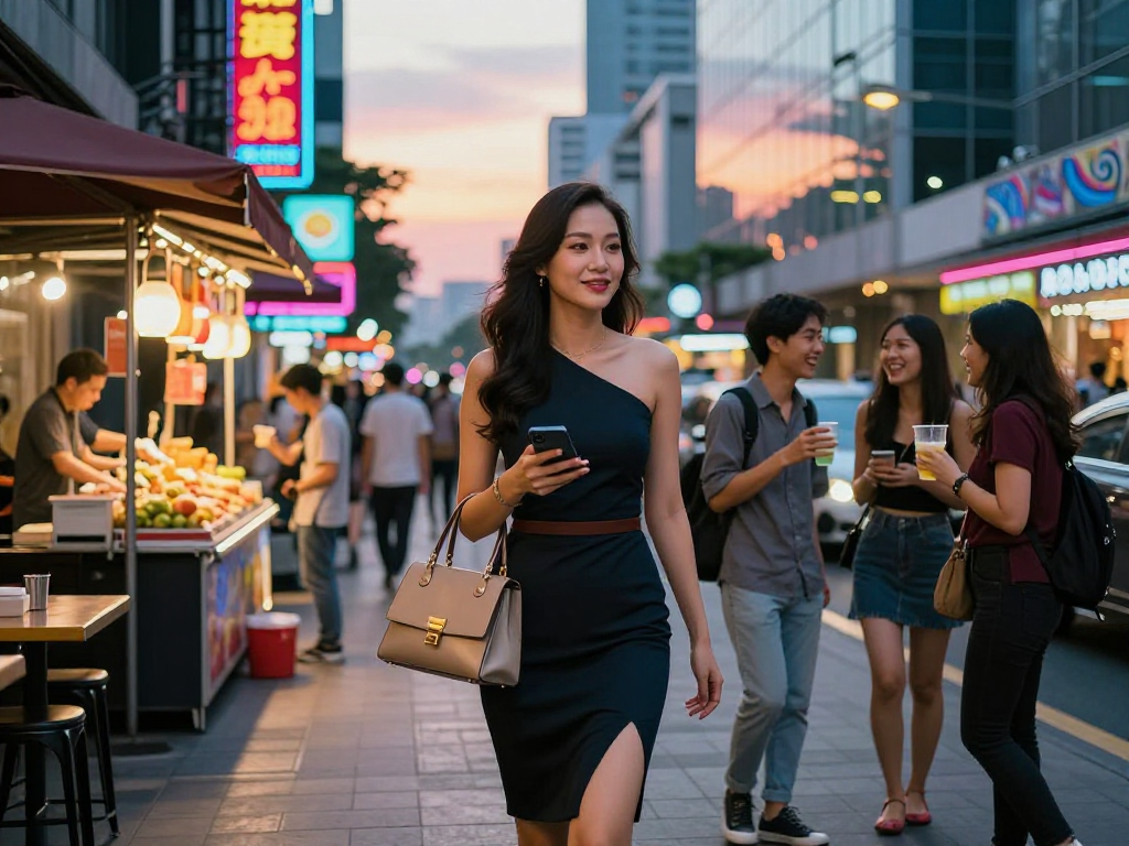 Người phụ nữ gái gọi tự tin trong trang phục sang trọng giữa không gian phố xá sôi động, ánh đèn neon.