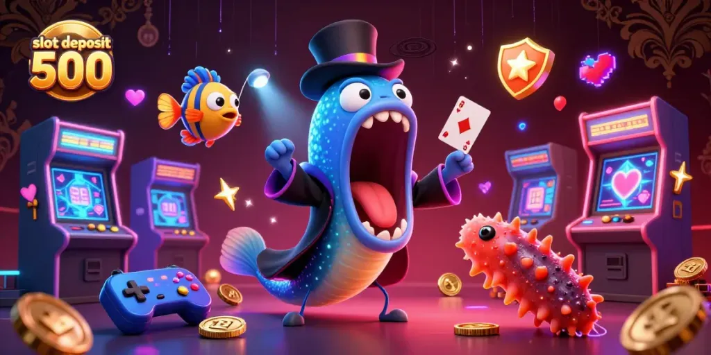 Engage in thrilling spins with slot deposit 500 in a vibrant 3D casino scene featuring playful sea creatures.