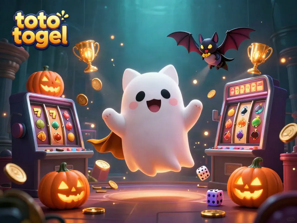 Engaging scene of toto togel with a friendly ghost cat and a vampire bat in a haunted casino, showcasing lively gaming action.