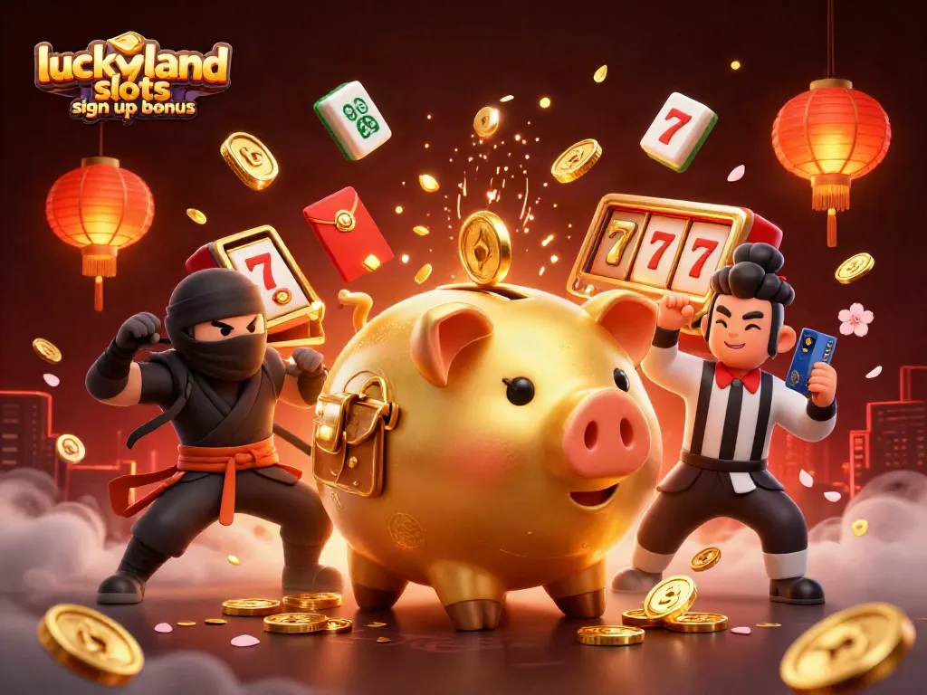 Win big with the luckyland slots sign up bonus in this dynamic casino scene featuring golden elements and vibrant characters.
