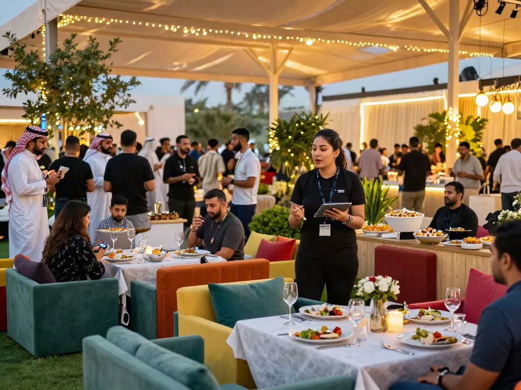 Event rentals setup featuring a luxury outdoor venue with elegant furniture and catering in Saudi Arabia.