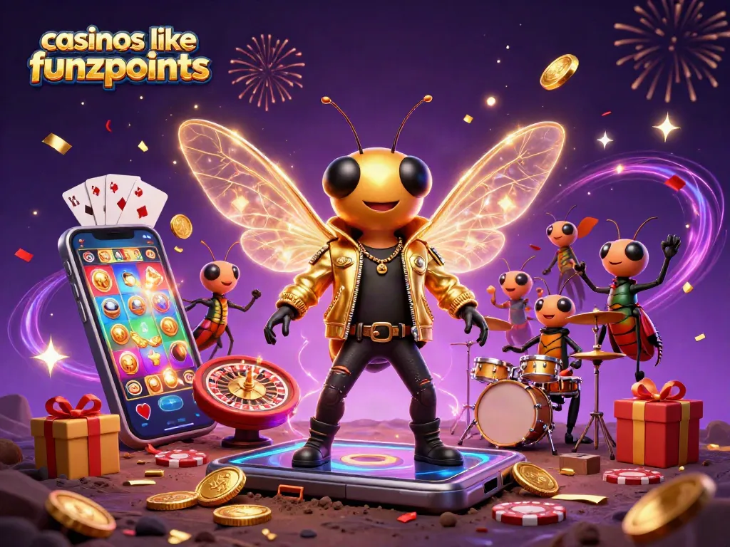 Experience the excitement of casinos like funzpoints in a vibrant 3D illustration with colorful gaming elements.