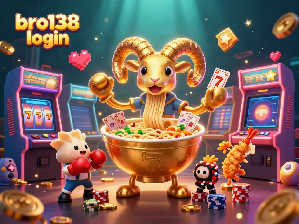 Engage in the excitement of bro138 login with a vibrant 3D illustration featuring a giant ramen bowl and casino elements.