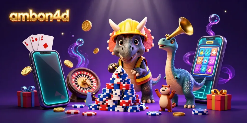 Build winning strategies with ambon4d in this lively casino illustration featuring dinosaurs.