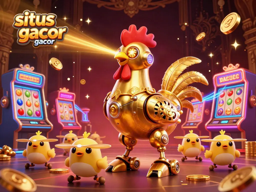 Experience situs slot gacor with this vibrant 3D illustration showcasing dynamic slot reels and a golden rooster robot.