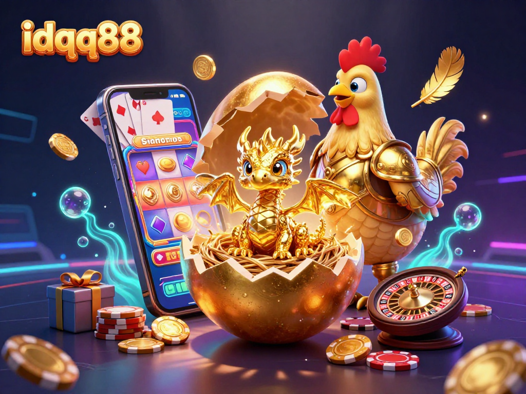 Experience excitement at idqq88 with a golden dragon and scattered slot game elements in a vibrant casino scene.