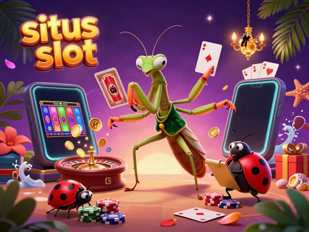 Situs slot showcased in an engaging 3D digital illustration with vibrant casino characters and game elements.