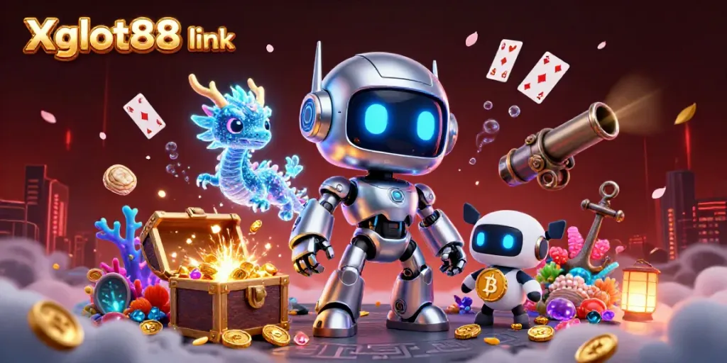 Menangkan Xgslot88 link dengan ilustrasi kasino penuh warna yang menggambarkan robot cyberpunk dan harta karun bawah laut.