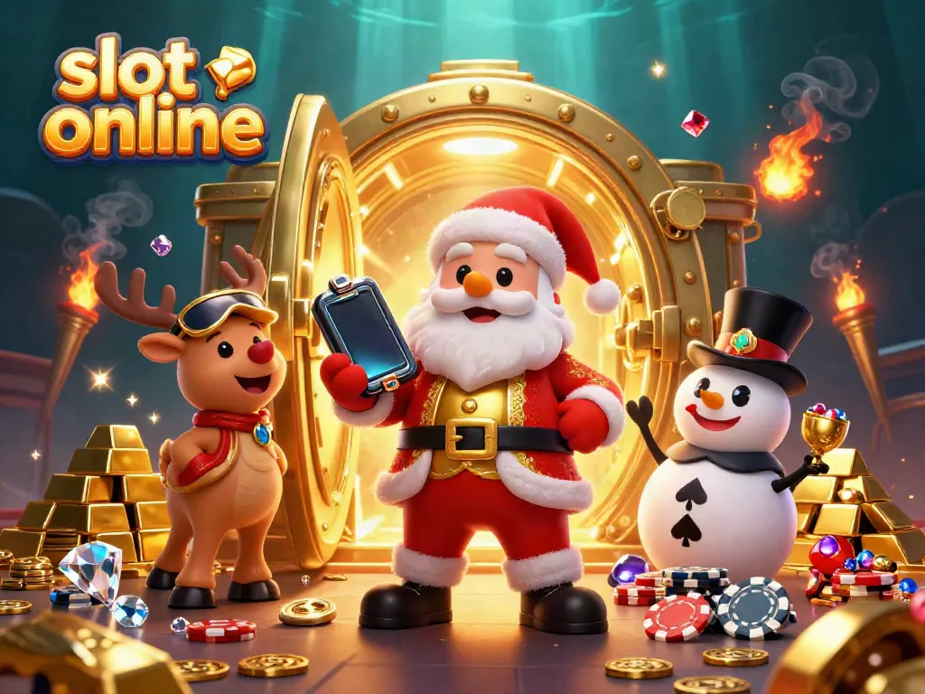 Spin the reels on slot online with Santa, his reindeer, and a snowman in a festive casino scene.