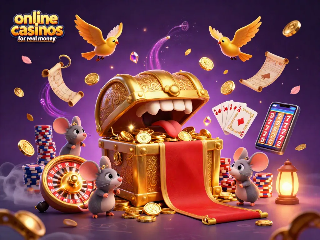 Experience the thrill of online casinos for real money with treasure chests, golden coins, and festive game elements.