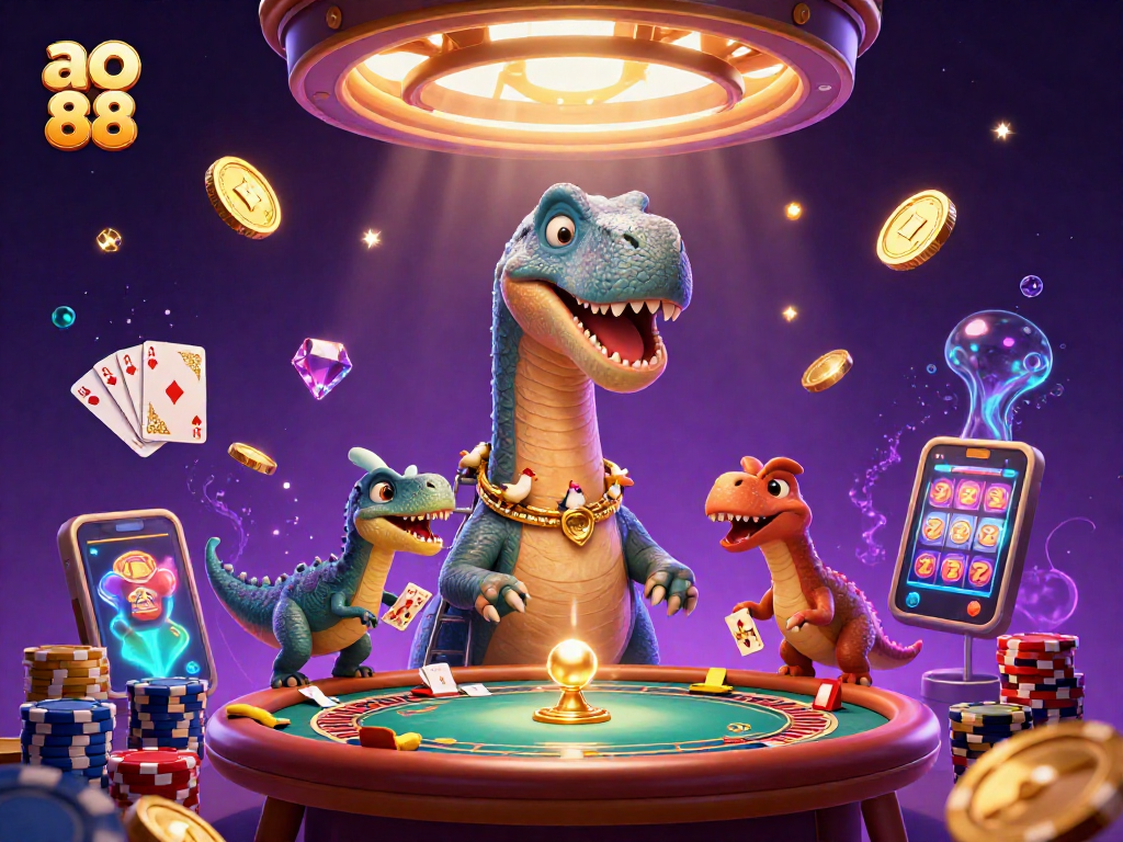 Experience thrilling gameplay with ao 88 as the cartoon brontosaurus oversees poker action in a vibrant casino.