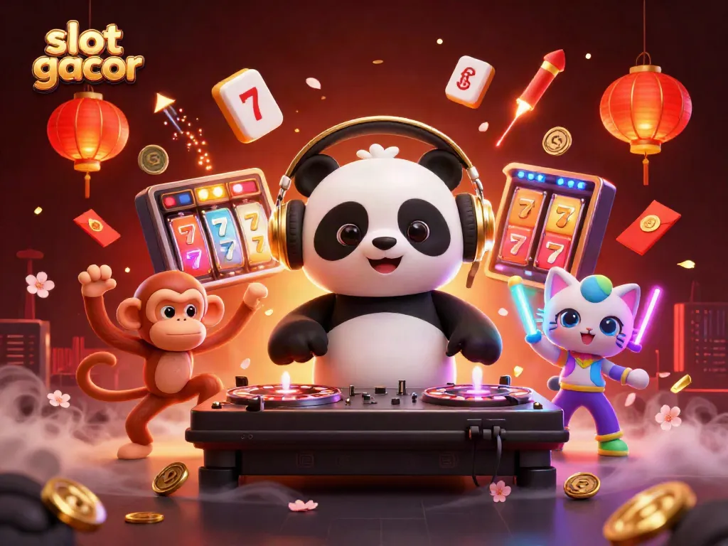 Experience the thrill of slot gacor with DJ panda and vibrant, lively characters in a stunning 3D scene.
