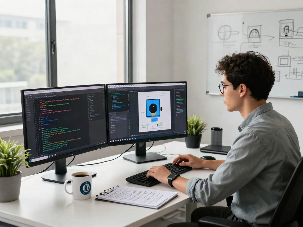 AI-Generated Image Detection analysis in a modern tech office, showcasing software tools and image insights.