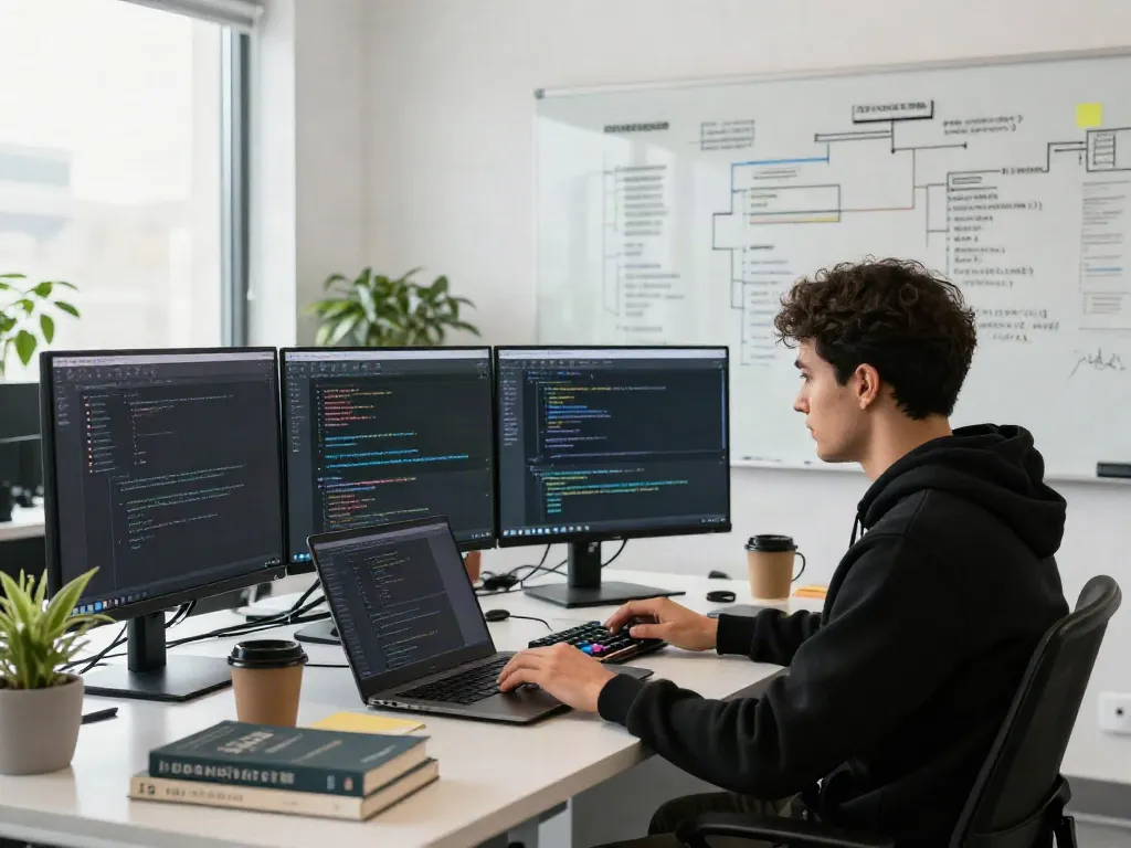 Unified LLM API integration in a software development workspace with multiple coding screens and vibrant desk setup.