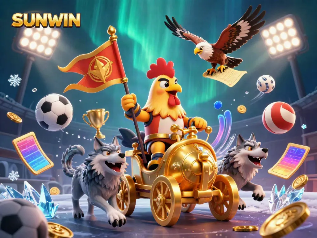 Experience excitement with SUNWIN in an ultra-detailed 3D casino illustration showcasing vibrant characters and gaming elements.
