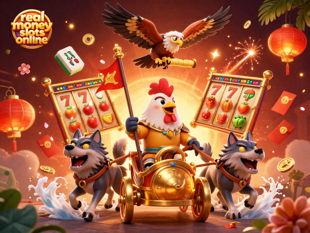 Engage with real money slots online featuring a vibrant scene of animated characters and dynamic game elements.