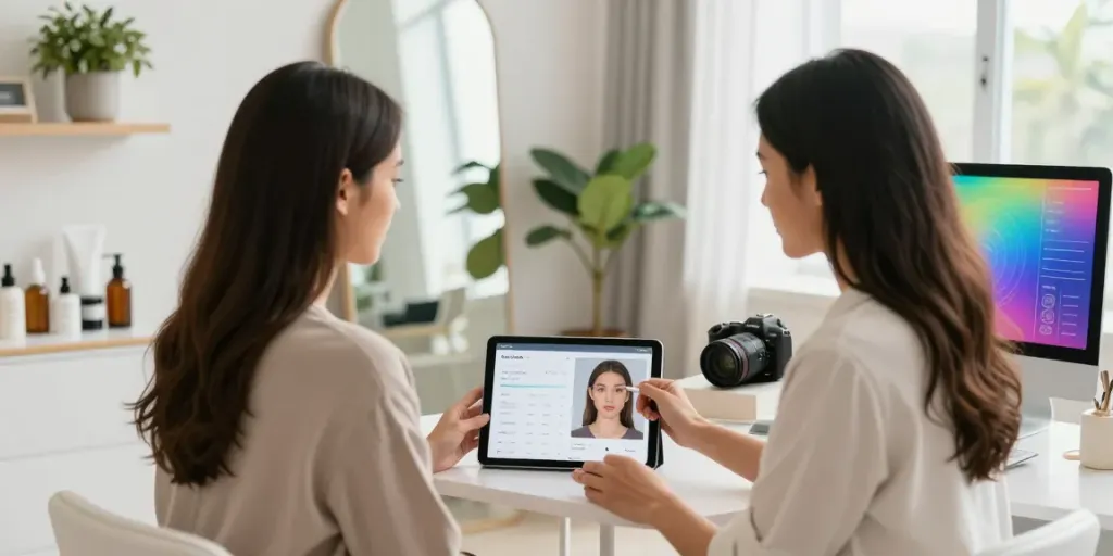 Beauty consultation scene analyzing Alternatives to QOVES with AI tools.