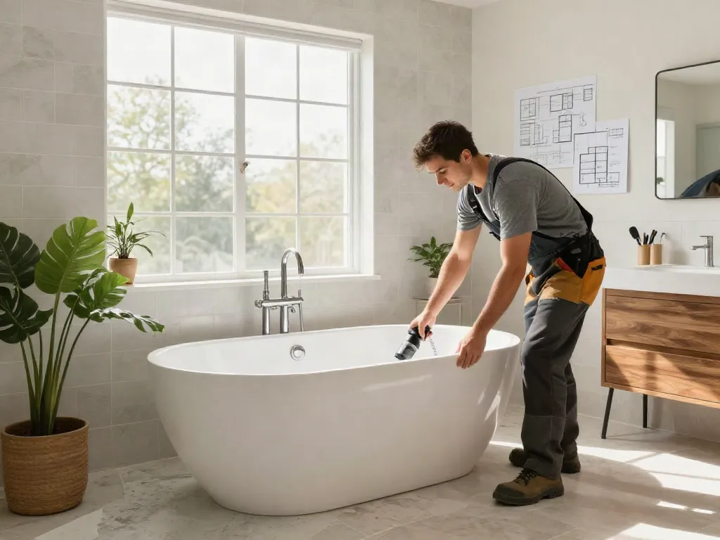 Modern bathroom under renovation by a professional Bellevue bathroom remodeling contractor featuring luxury soaking tub and natural light.