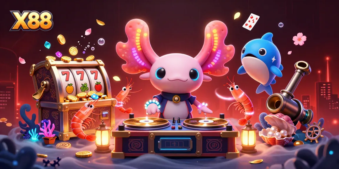 X88's vibrant casino scene features a neon axolotl DJ, spinning slots, and glowing shrimp dancers.