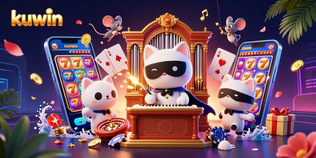Kuwin game's lively experience with a whimsical cat at a casino organ amid slot machines and golden coins.