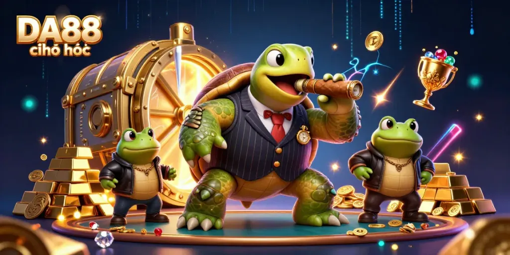 Experience thrilling gameplay at DA88 chính thức with a vibrant casino scene featuring a massive turtle mobster and bullfrog enforcers.
