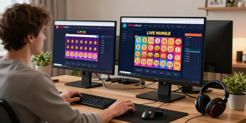 Dewatogel Link Alternatif - User engaged in online lottery gaming with vibrant interface in a cozy home office.