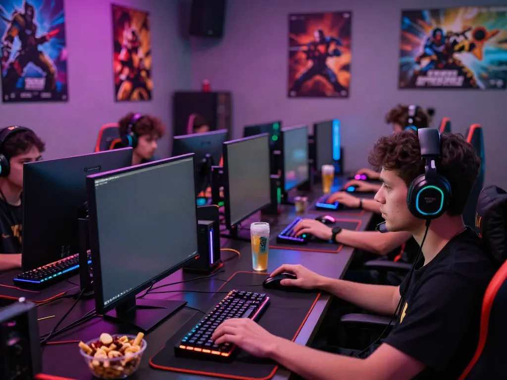 Môi trường chơi game hiện đại với các game thủ tập trung vào màn hình, sử dụng tai nghe và thiết bị chơi game, phản ánh tinh thần cạnh tranh cao trong không gian đầy màu sắc.