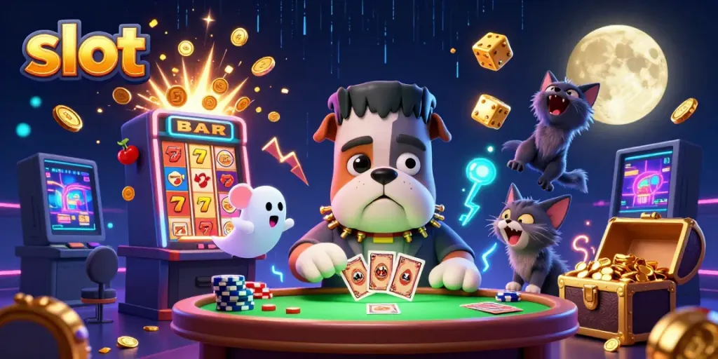 Experience slot excitement with engaging characters and vibrant jackpot visuals in an energetic casino illustration.