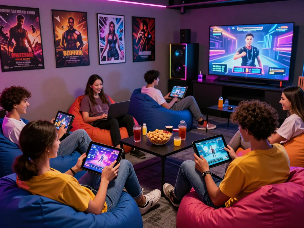 Engaged friends enjoying multiplayer porn games in a vibrant gaming lounge.