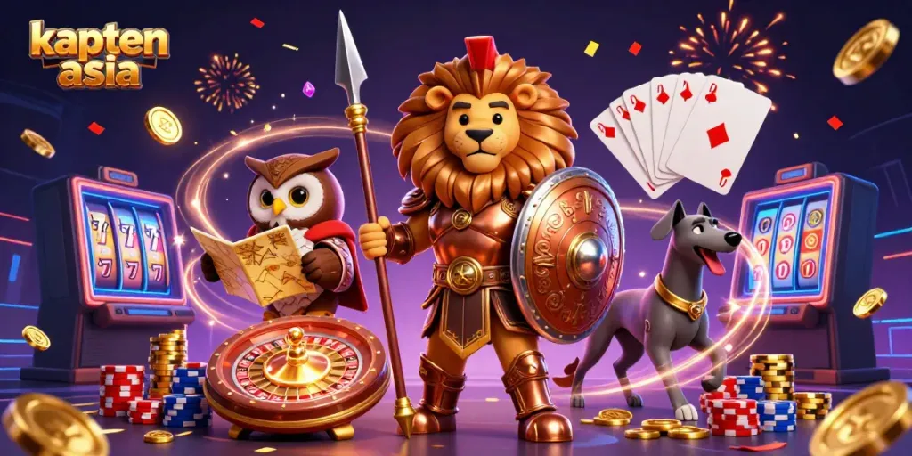 Gambarkan aksi di kasino online dengan kapten asia, singa perunggu, dan banyak koin emas bertebaran.