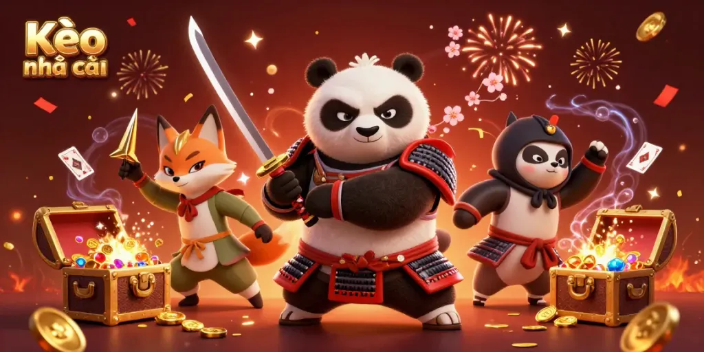 Experience Kèo nhà cái with a rich 3D scene featuring a samurai panda, ninja fox, and glowing casino elements.