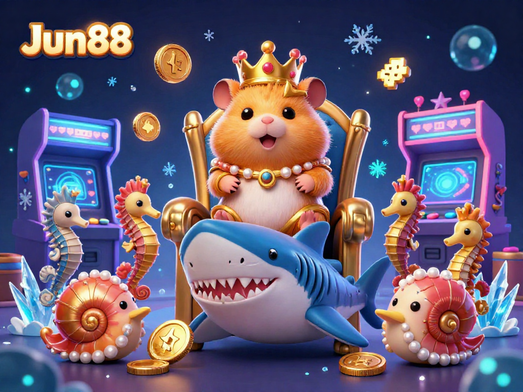 Experience the vibrant spirit of Jun88 through this engaging casino-themed illustration featuring a golden hamster king and dynamic gaming elements.