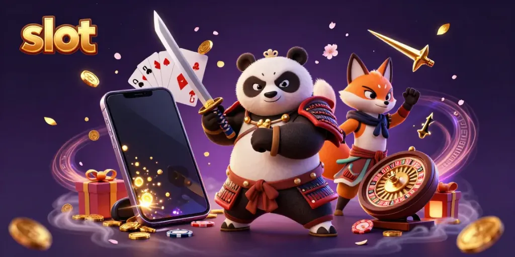 Engaging scene of slot gaming with a fierce samurai panda and ninja fox amidst colorful jackpot elements.