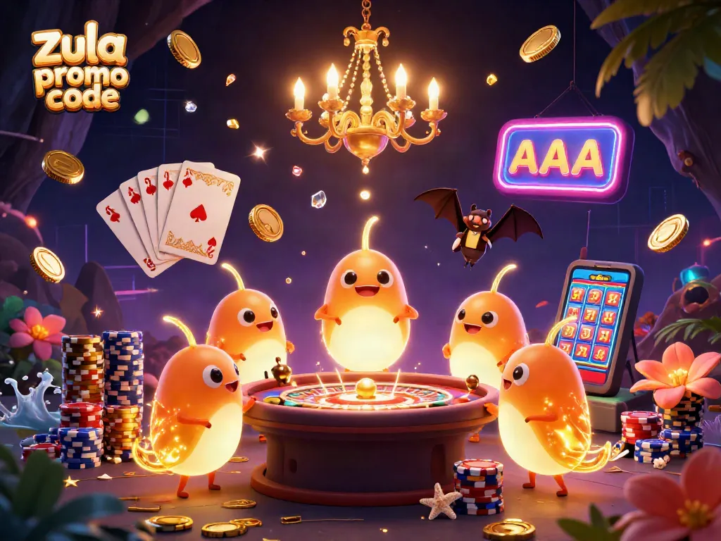 Zula promo code enhances your gameplay at a vibrant casino with glowing characters and exciting game elements