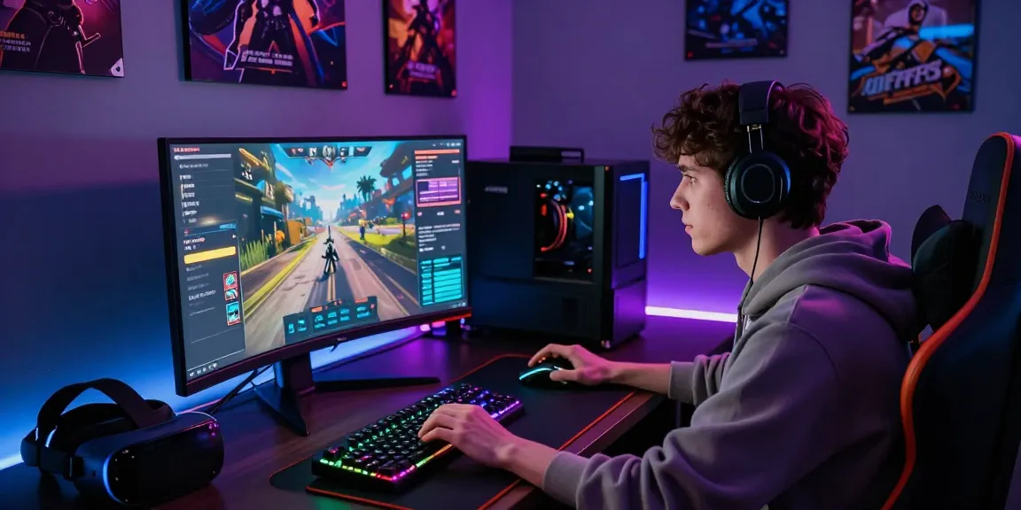 Setup gaming online modern luxury111 dengan aksesori canggih di ruang terang bercahaya neon.