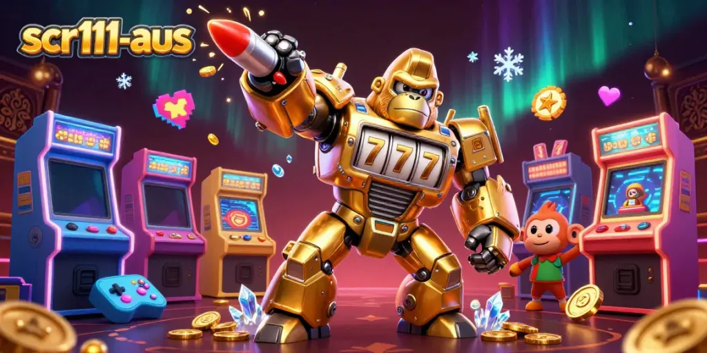 Engage with scr111-aus games amidst a vibrant 3D illustration of a golden gorilla mech surrounded by arcade elements.